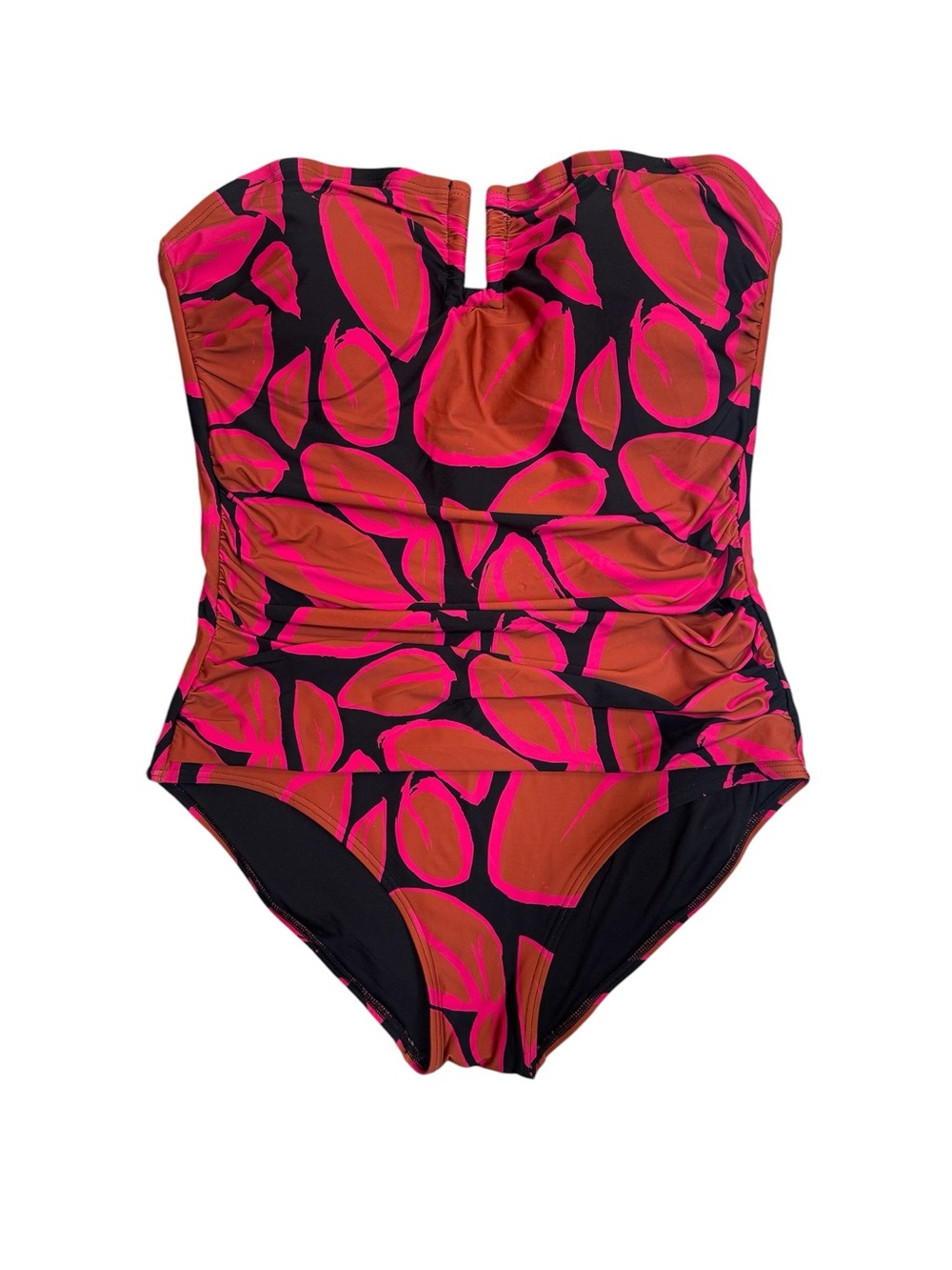 DKNY One Piece Swimsuit XXL Pink Brown Print Strapless Ruched Tummy Control